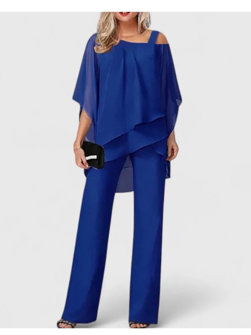 Serenity- Two piece Sapphire Blue Wide-Leg Jumpsuit with Layered Chiffon Top